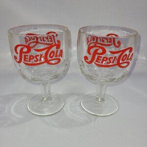 Pepsi-Cola Vintage Glass Goblet 2 Set 6.25" Soda Pop 1970s Carnival Glasses Mugs
